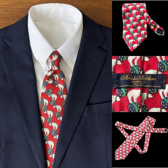 Brooks Brothers Silk Holiday Tie Polar Bears Red USA Made - Picture 1 of 7